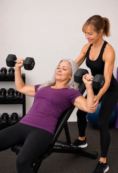 Personal trainer assisting a mature woman performing dumbbell chest presses on a weight bench in a gym with dumbbell racks